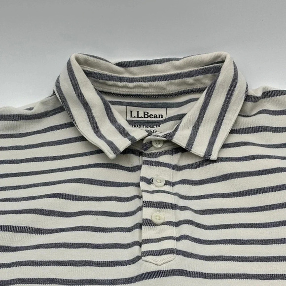 Men’s LL Bean Traditional Fit white blue Stripe Polo Medium - Picture 3 of 7
